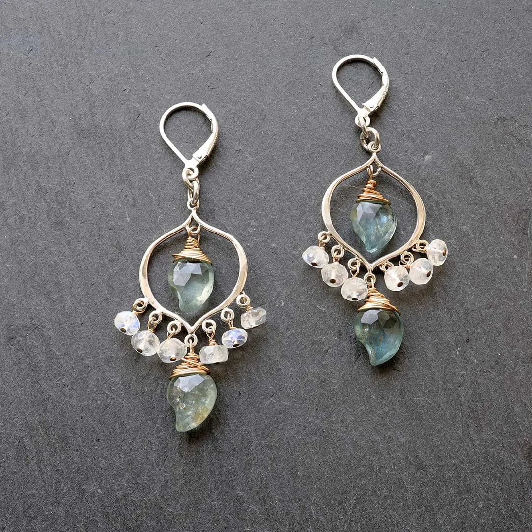 Grayson - Moss Aquamarine and Moonstone Sterling Silver Chandelier Earrings