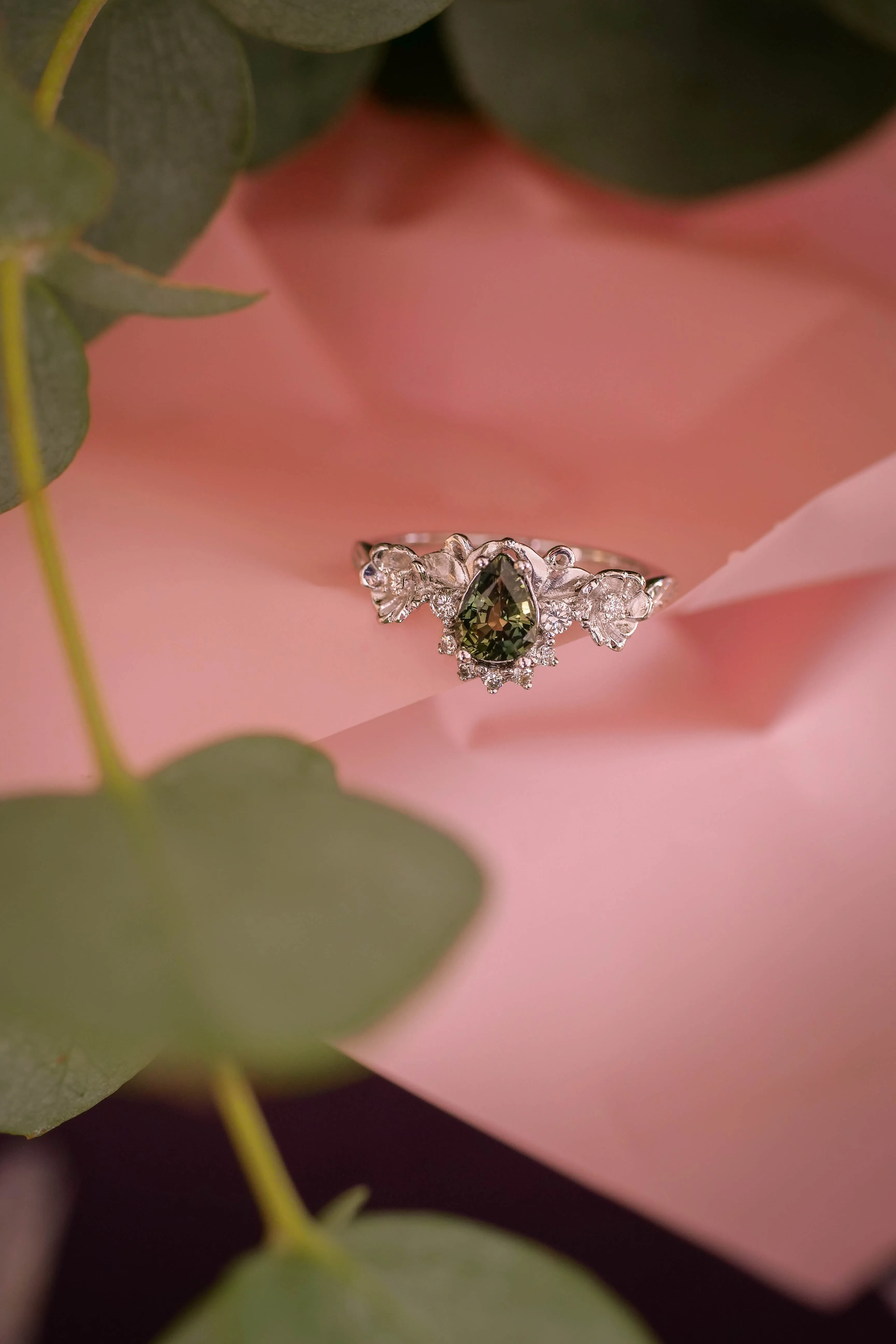 Green sapphire and diamonds ring, flower engagement ring / Adelina