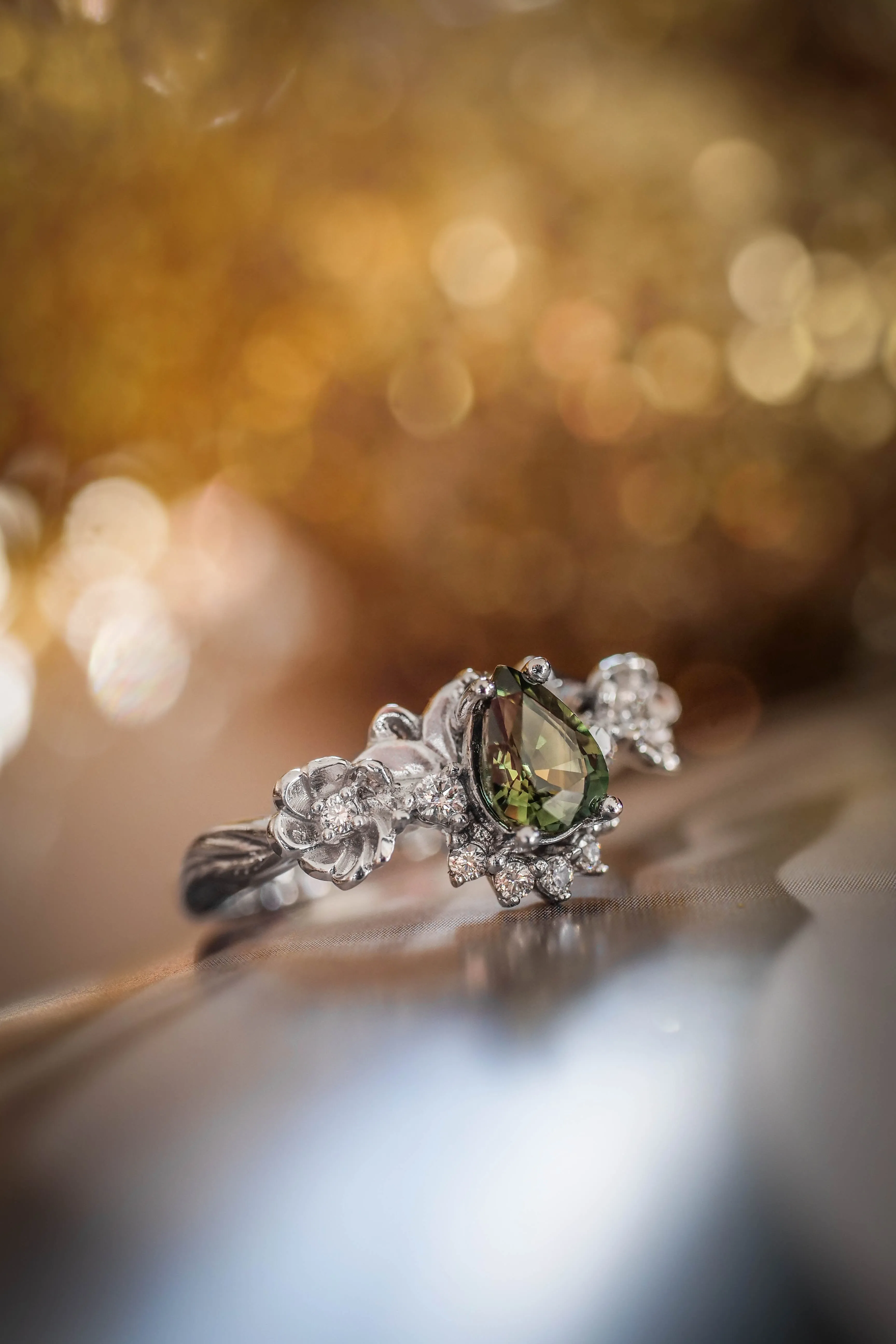 Green sapphire and diamonds ring, flower engagement ring / Adelina