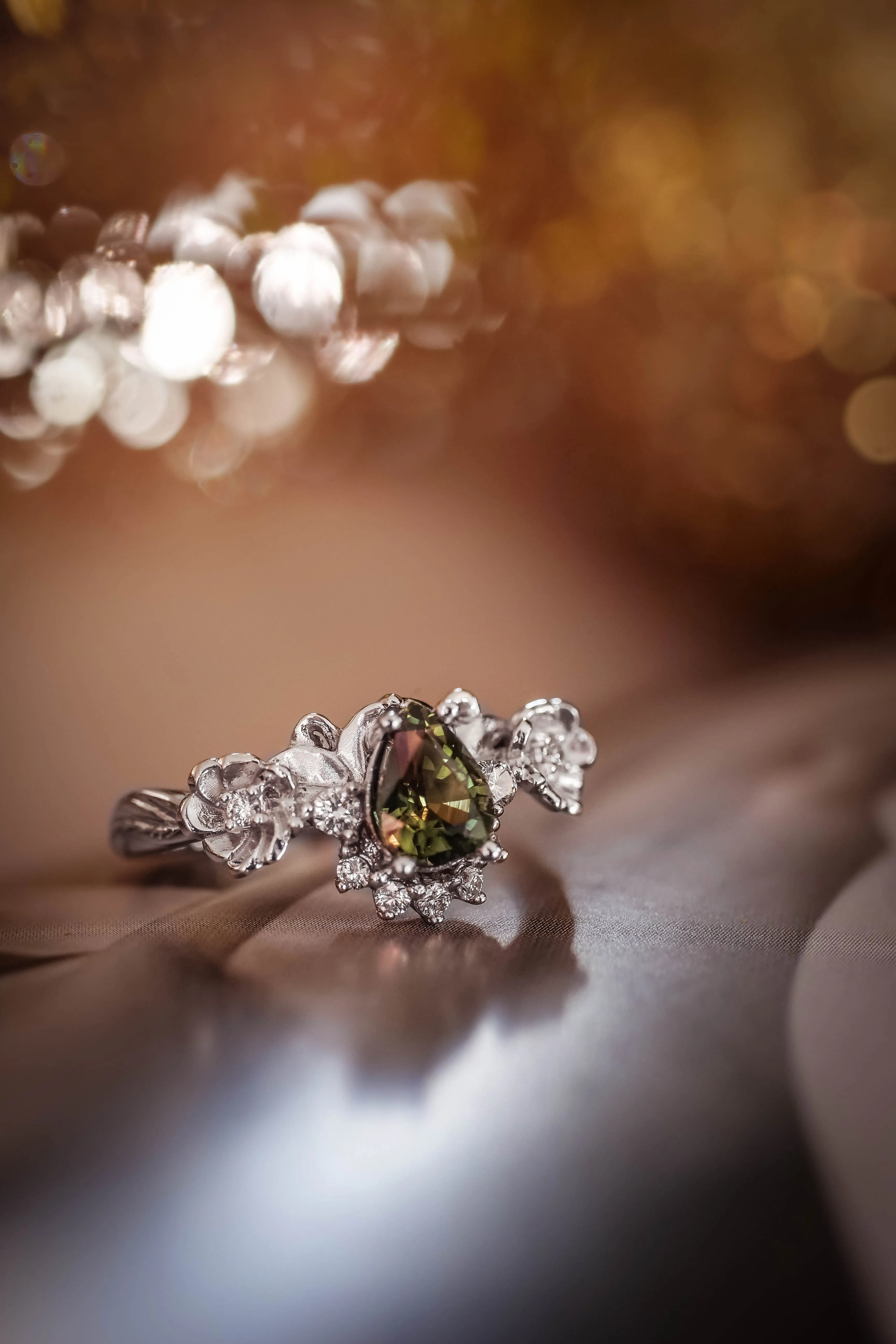 Green sapphire and diamonds ring, flower engagement ring / Adelina