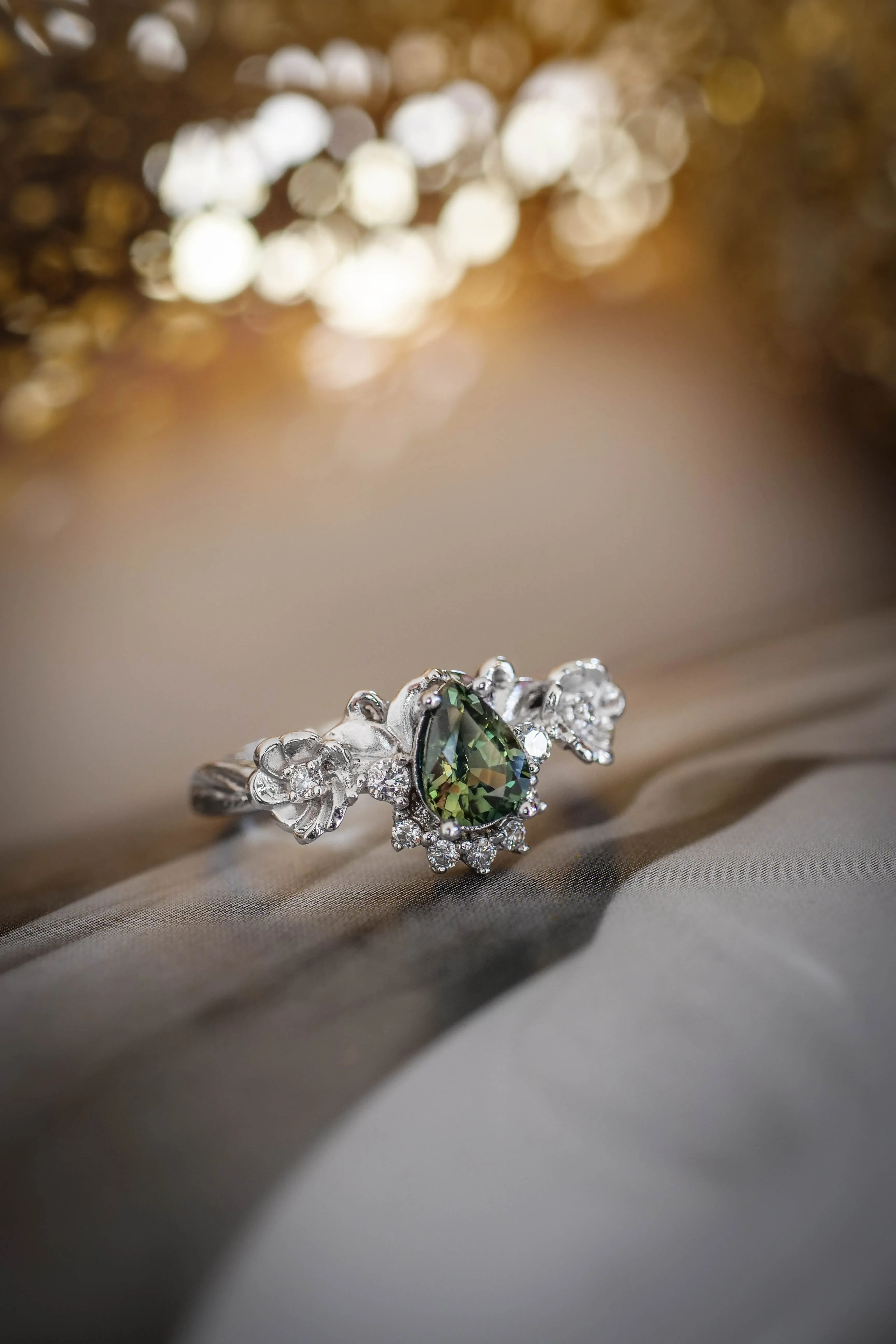 Green sapphire and diamonds ring, flower engagement ring / Adelina