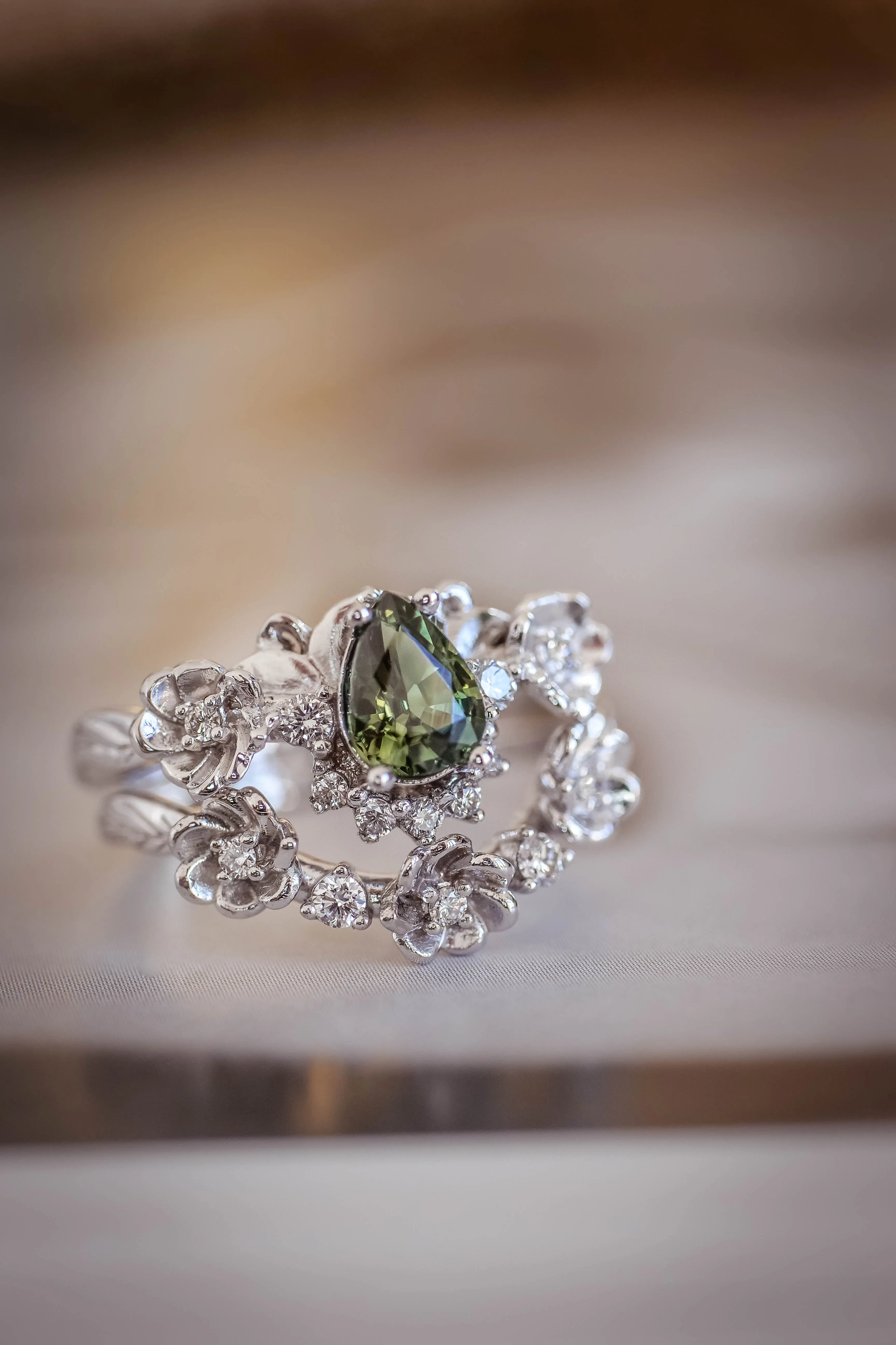 Green sapphire and diamonds ring, flower engagement ring / Adelina