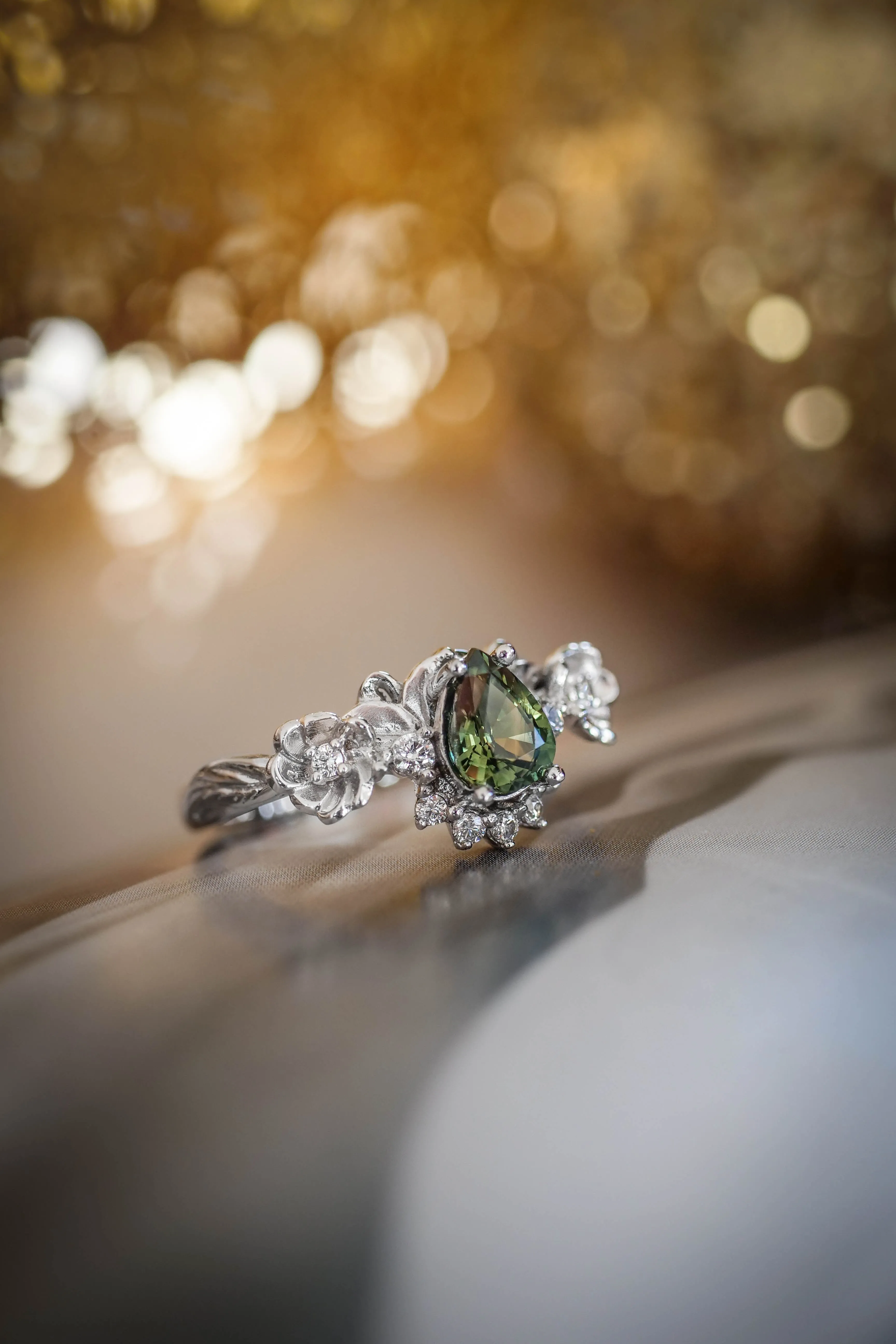 Green sapphire and diamonds ring, flower engagement ring / Adelina