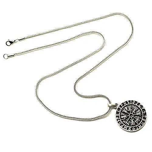 Guidepost Compass Vegvisir Talisman Viking Protection Pewter Pendant Stainless Steel Necklace