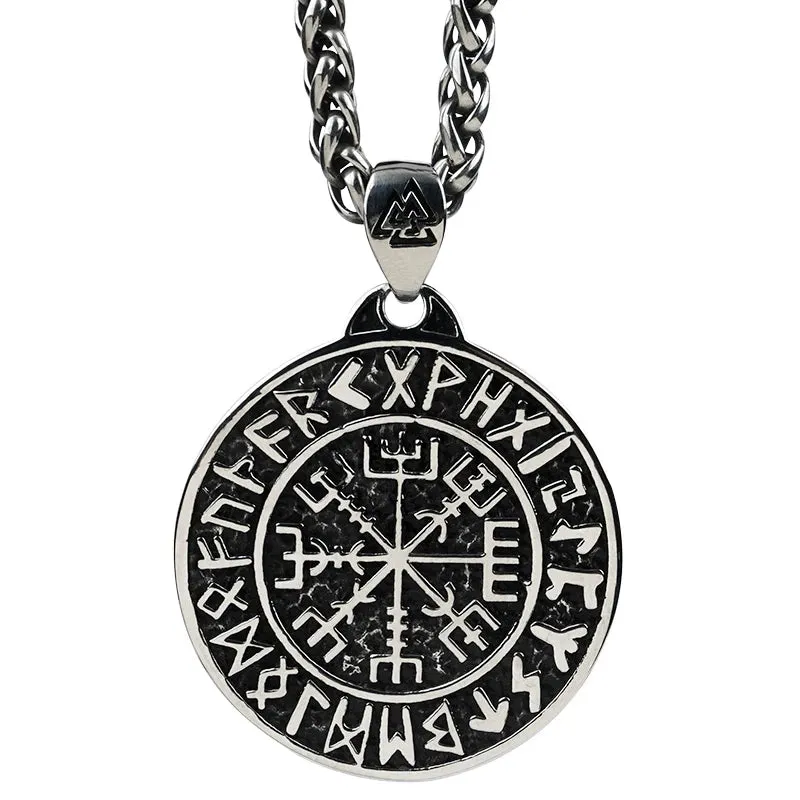 Guidepost Compass Vegvisir Talisman Viking Protection Pewter Pendant Stainless Steel Necklace