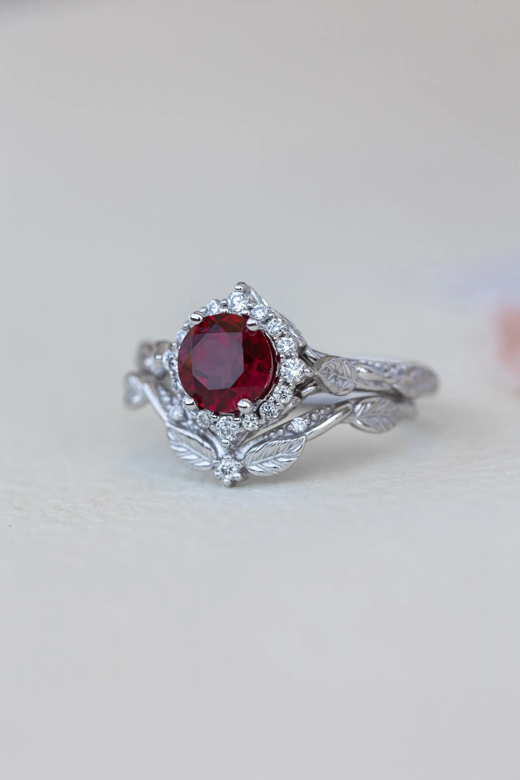 Halo engagement ring with 1.5 carat lab ruby, white gold leaf engagement ring  / Florentina