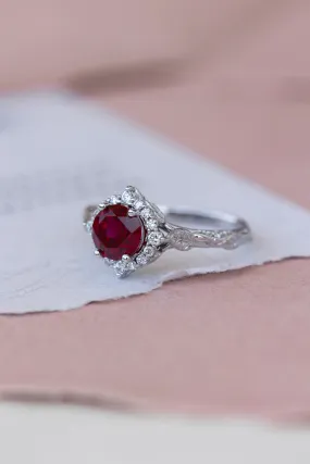 Halo engagement ring with 1.5 carat lab ruby, white gold leaf engagement ring  / Florentina