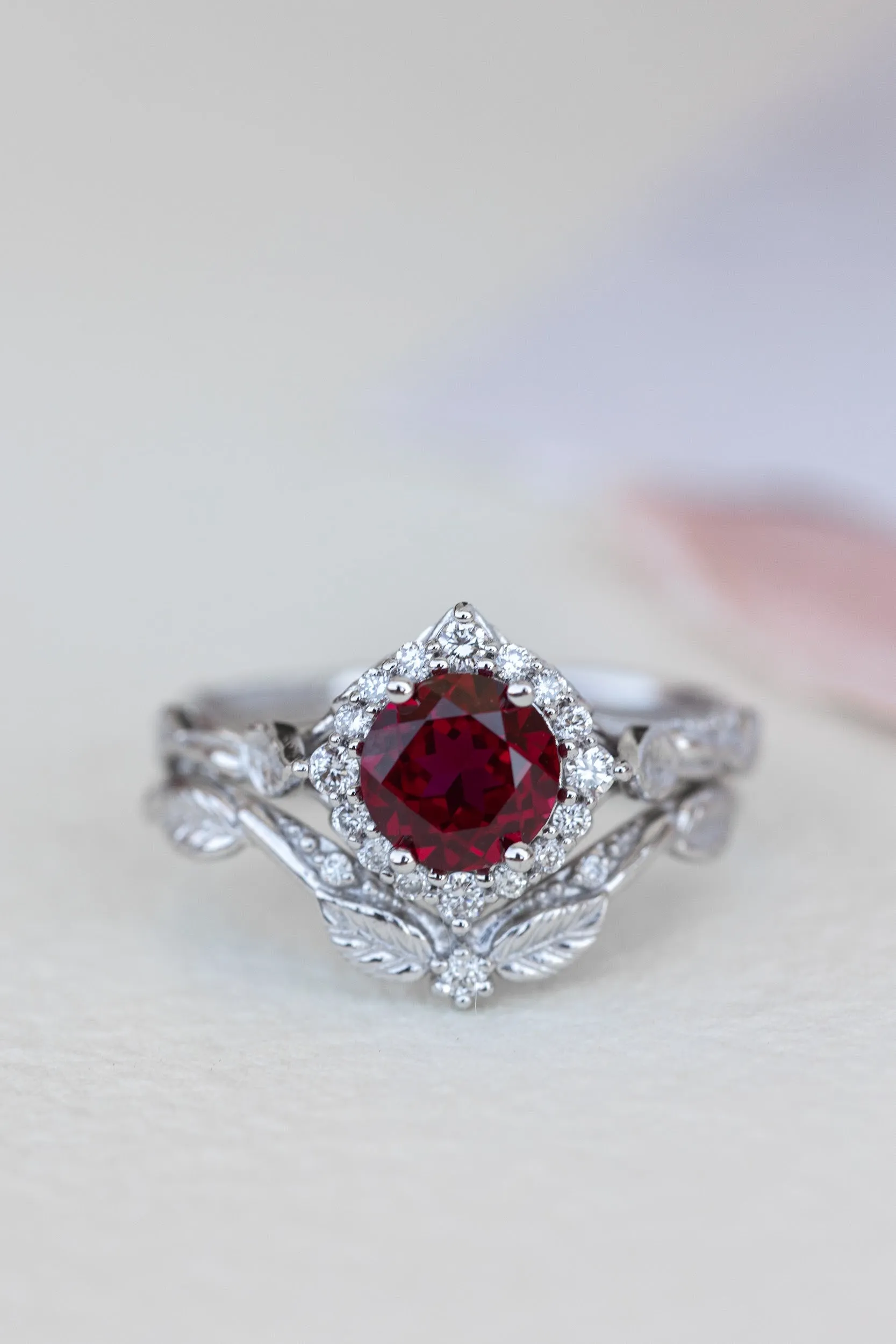 Halo engagement ring with 1.5 carat lab ruby, white gold leaf engagement ring  / Florentina