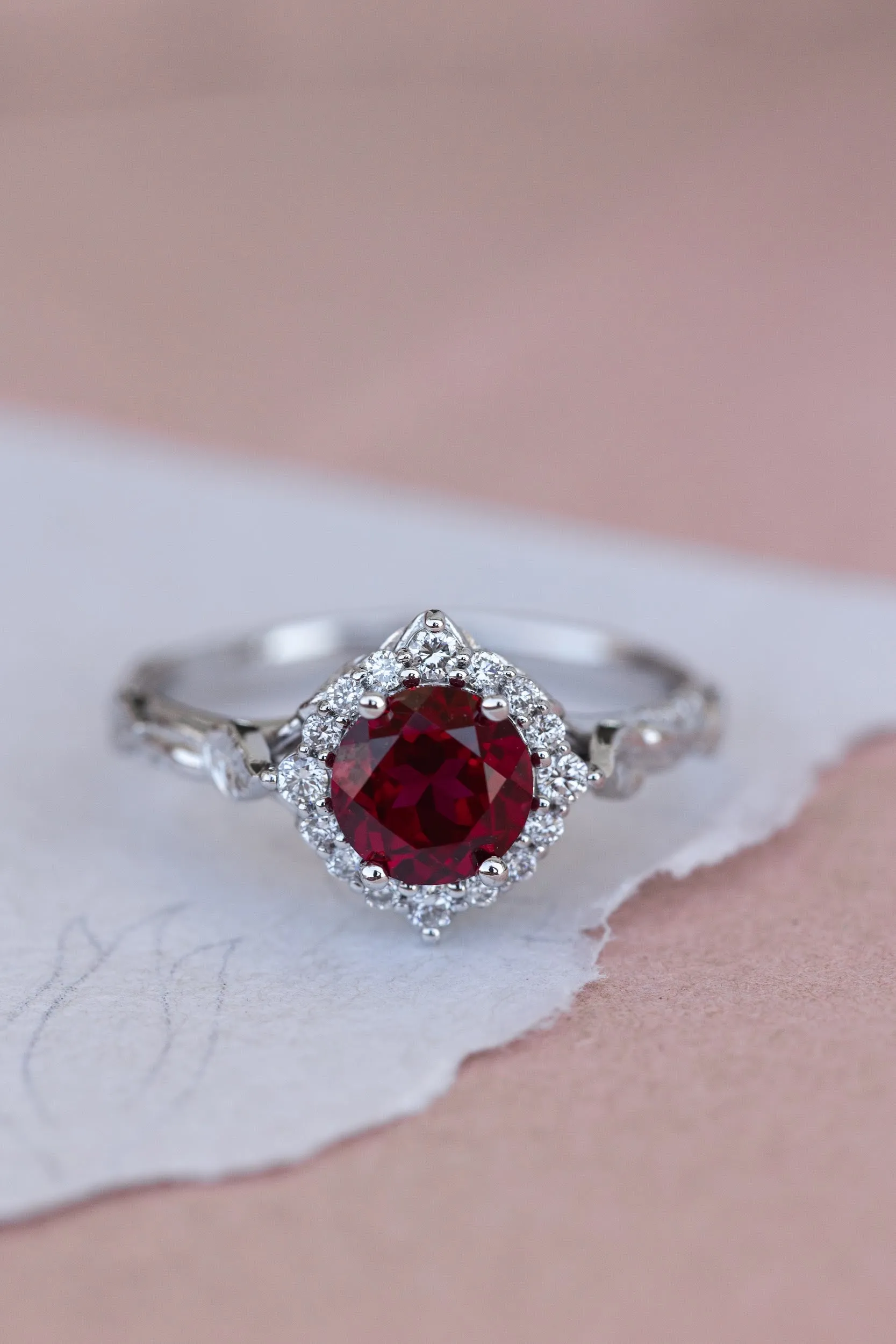 Halo engagement ring with 1.5 carat lab ruby, white gold leaf engagement ring  / Florentina