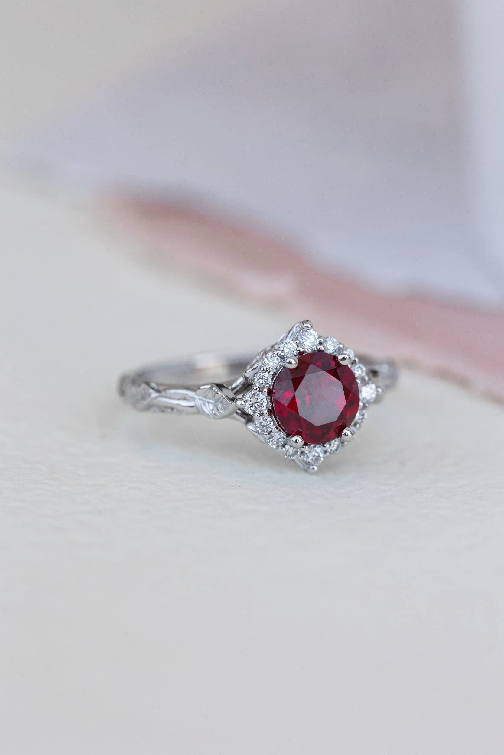 Halo engagement ring with 1.5 carat lab ruby, white gold leaf engagement ring  / Florentina