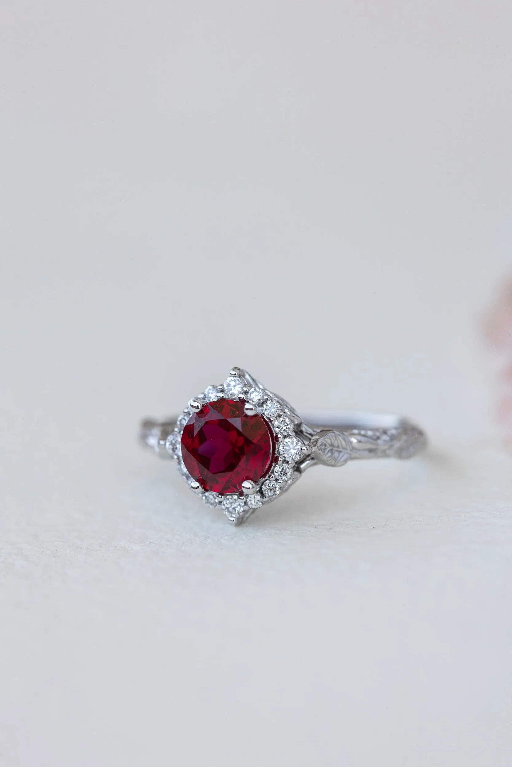 Halo engagement ring with 1.5 carat lab ruby, white gold leaf engagement ring  / Florentina