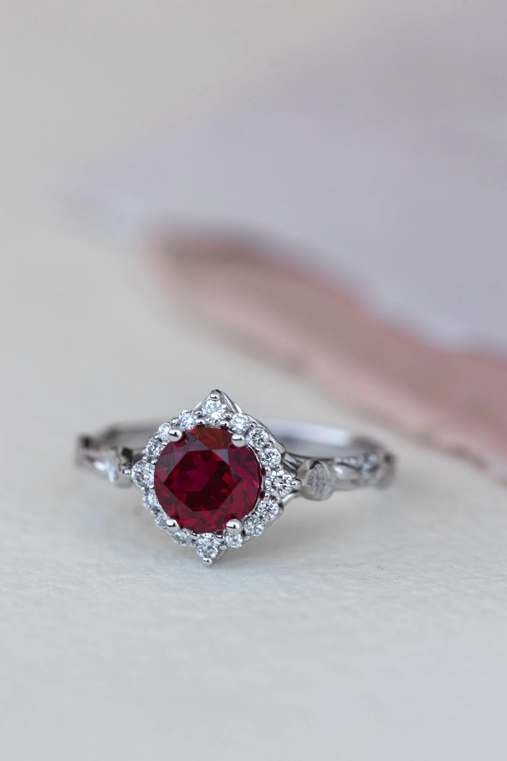 Halo engagement ring with 1.5 carat lab ruby, white gold leaf engagement ring  / Florentina