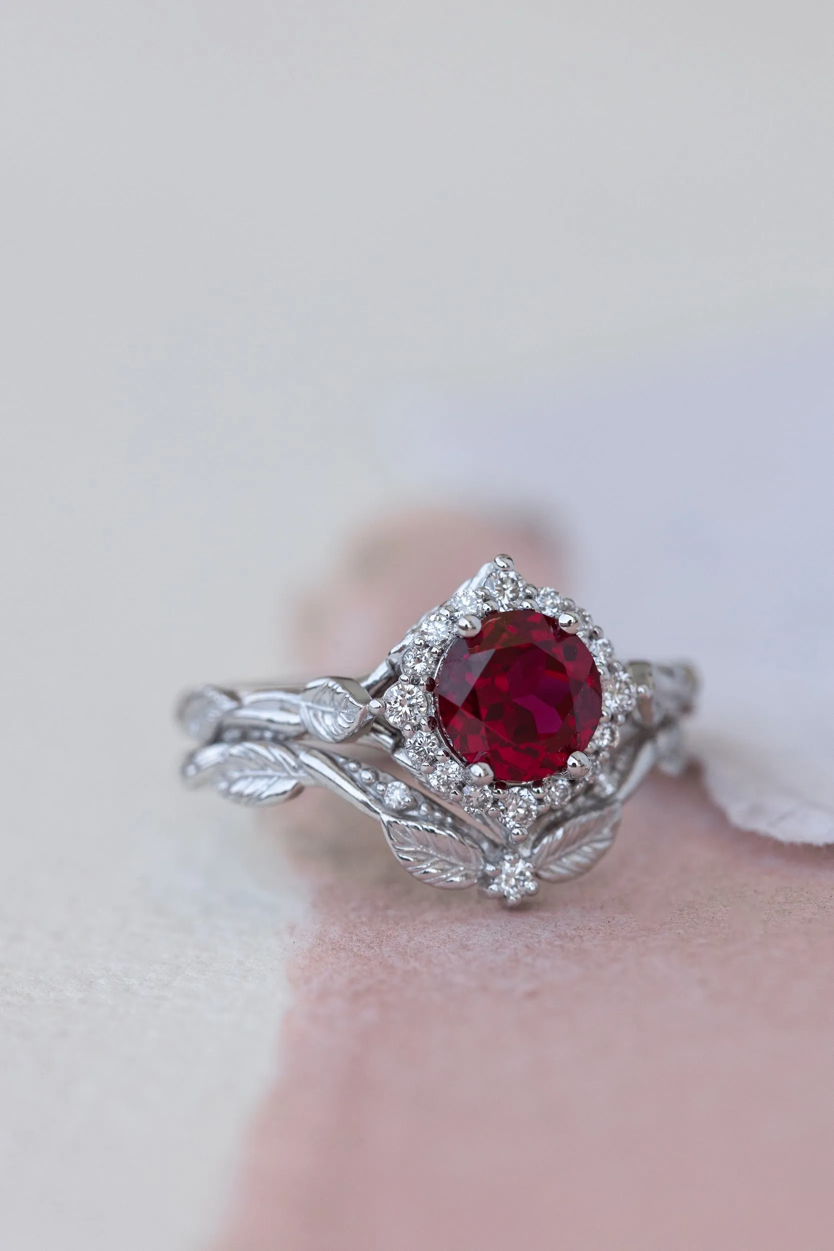 Halo engagement ring with 1.5 carat lab ruby, white gold leaf engagement ring  / Florentina