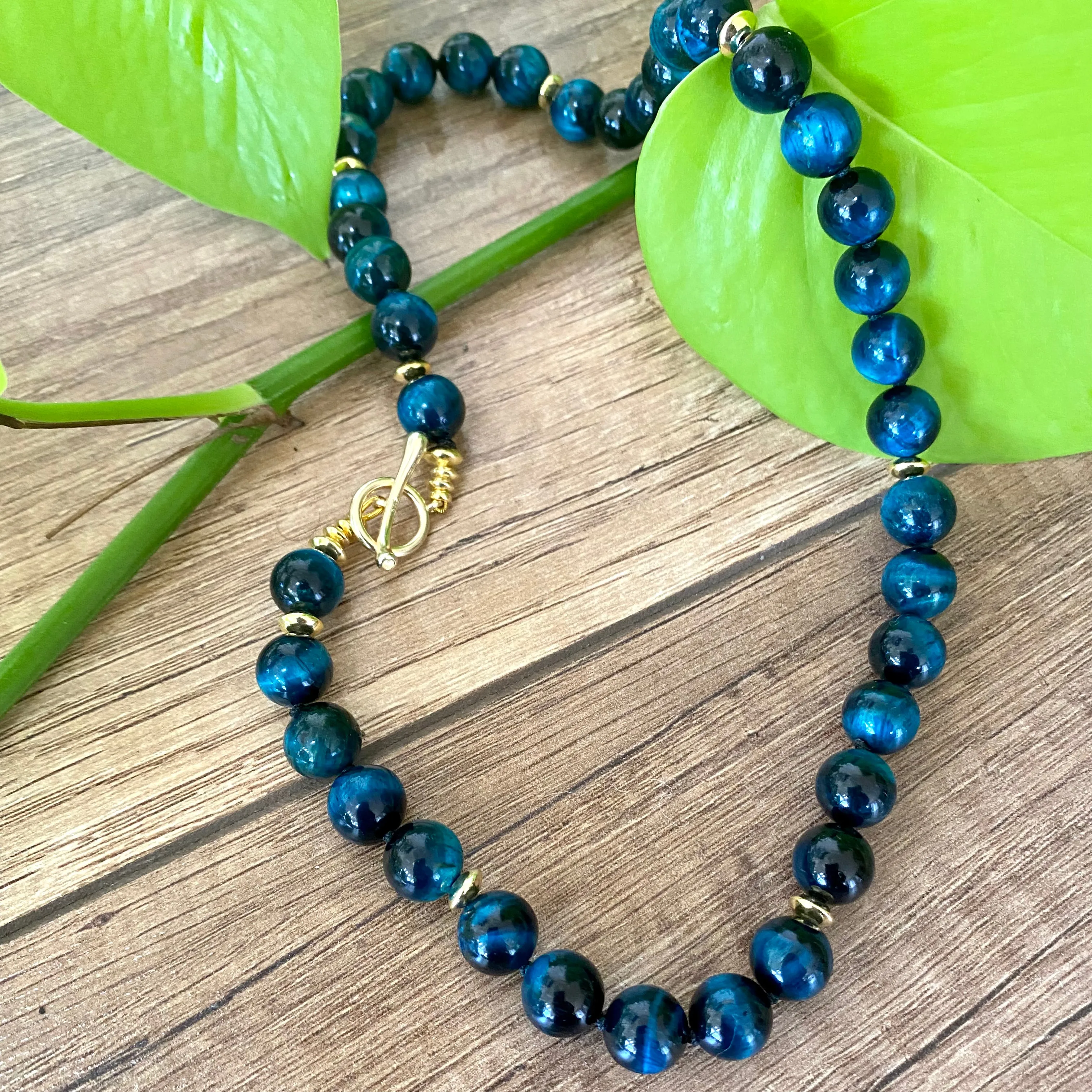 Hand Knotted Blue Black Tiger's Eye Candy Necklace w Gold Vermeil, 18.5inches