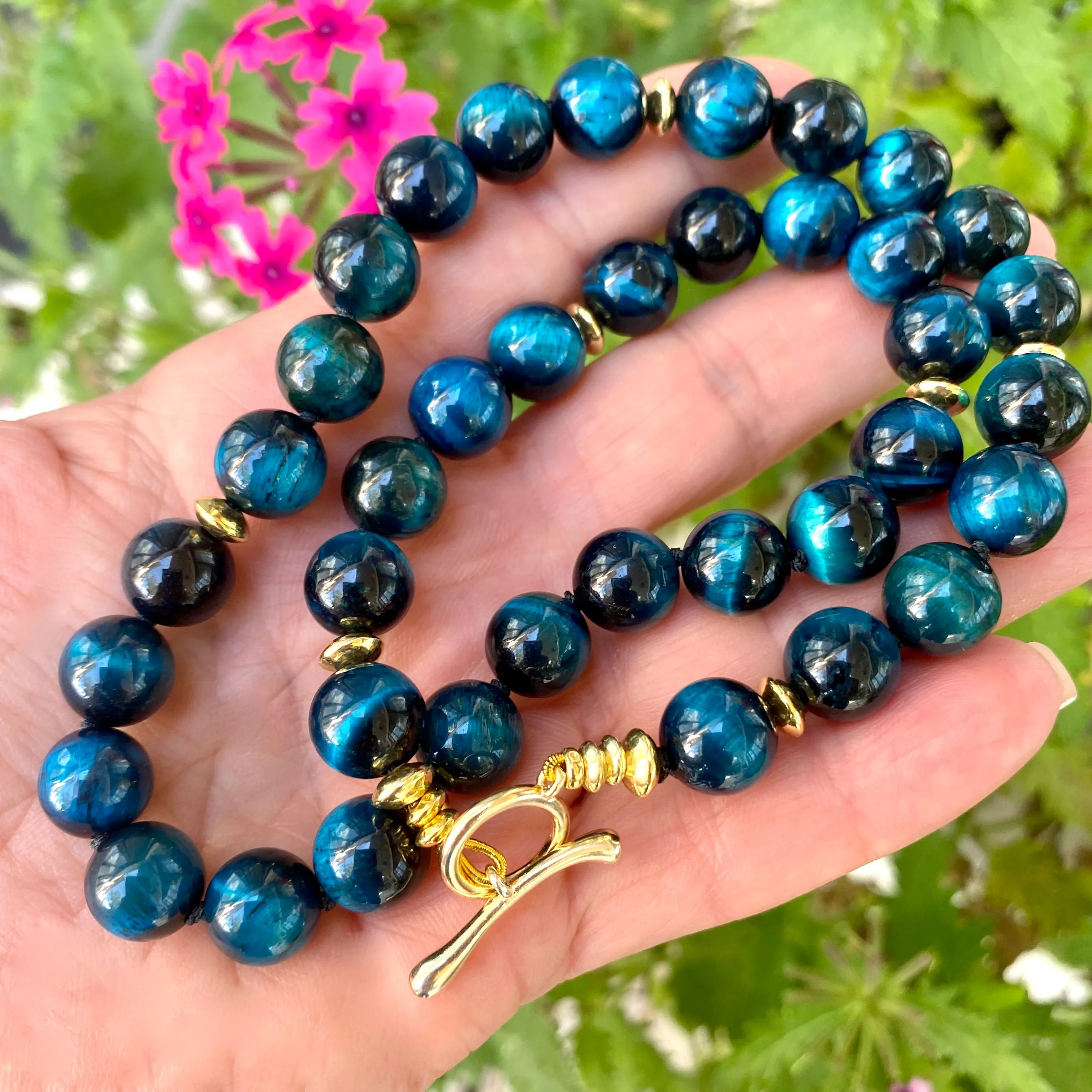 Hand Knotted Blue Black Tiger's Eye Candy Necklace w Gold Vermeil, 18.5inches