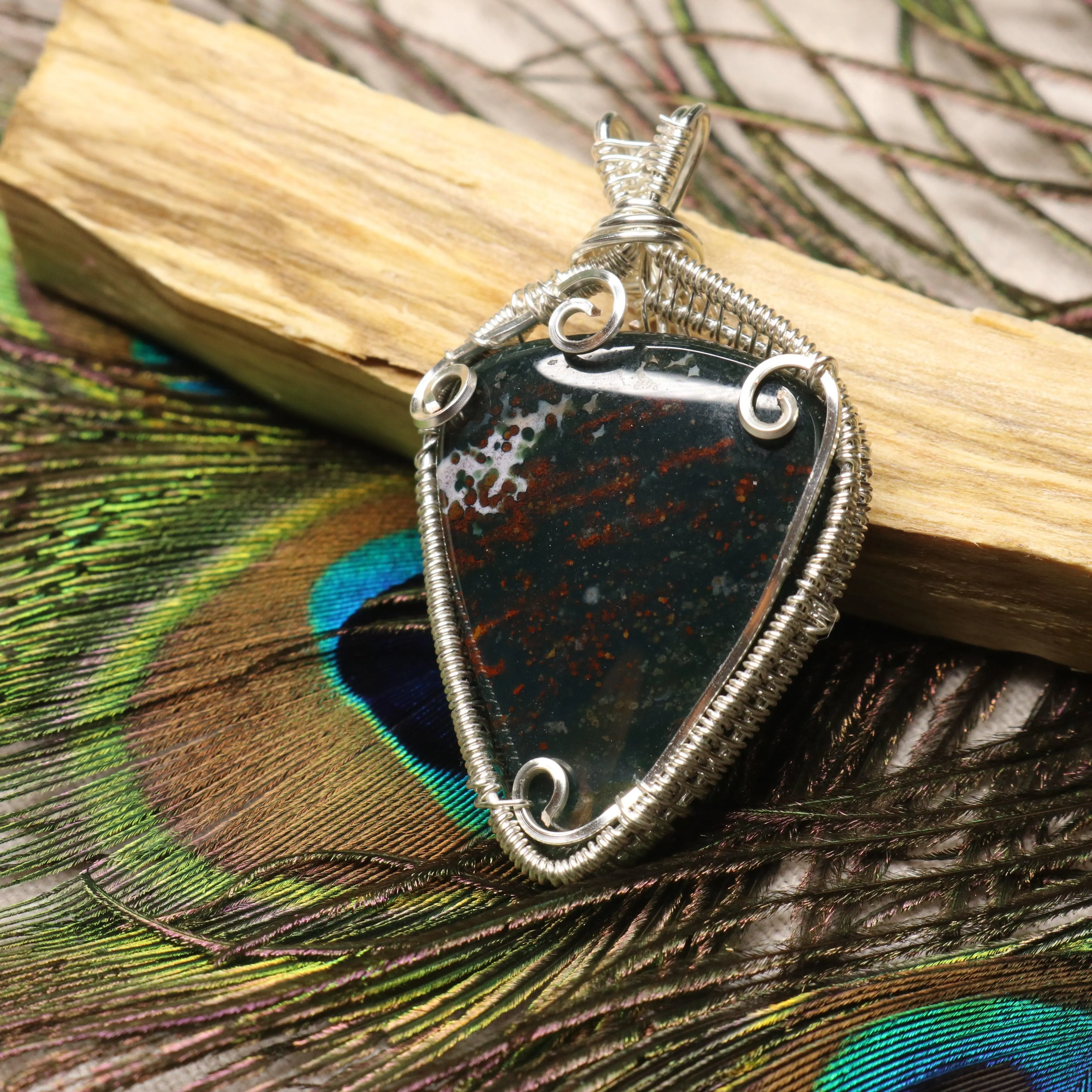 Handmade Wire Wrapped Bloodstone Pendant ~ Includes Silver Chain