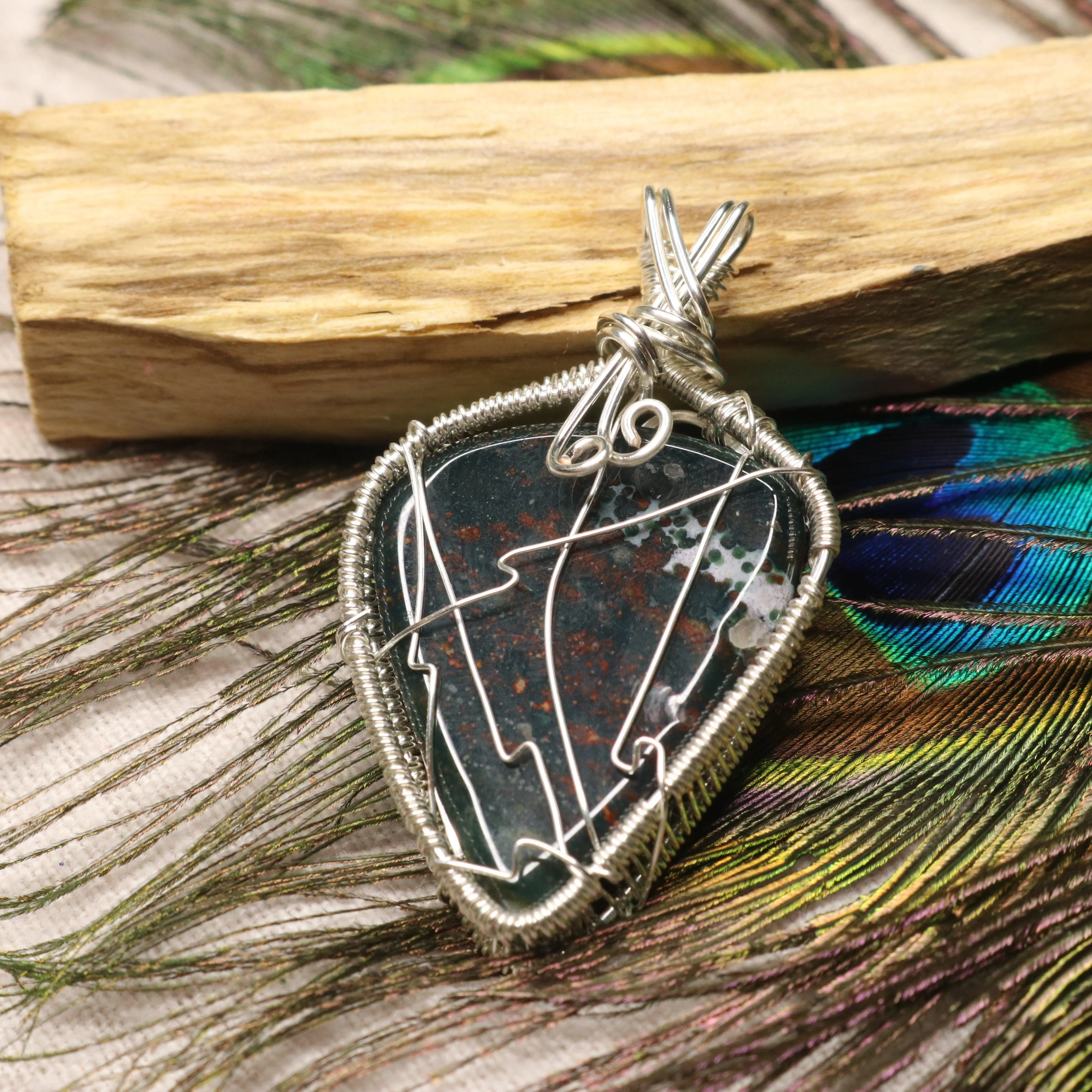 Handmade Wire Wrapped Bloodstone Pendant ~ Includes Silver Chain