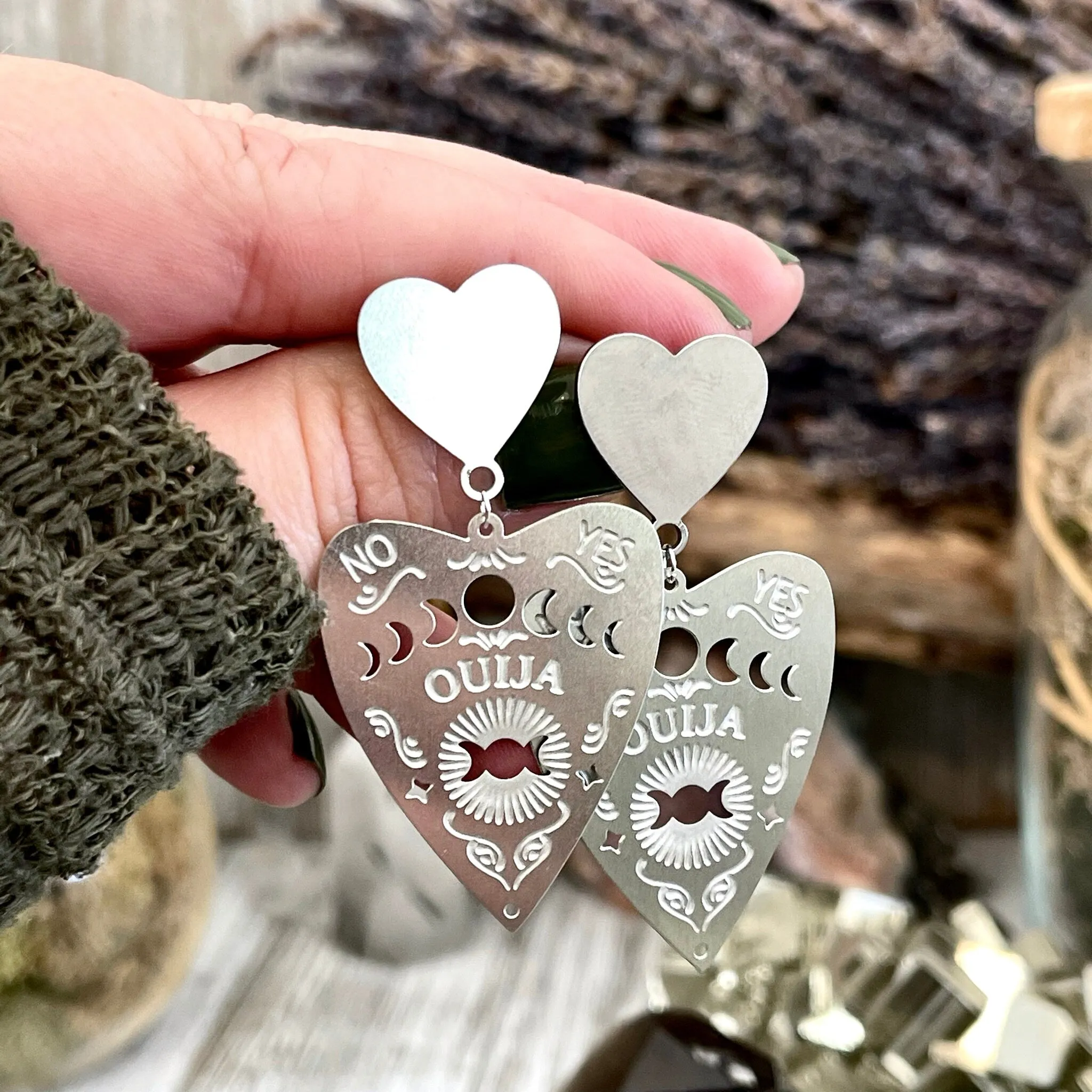 Heart Post Ouija Board Planchette  Earrings/ Sterling Silver & Stainless Steel