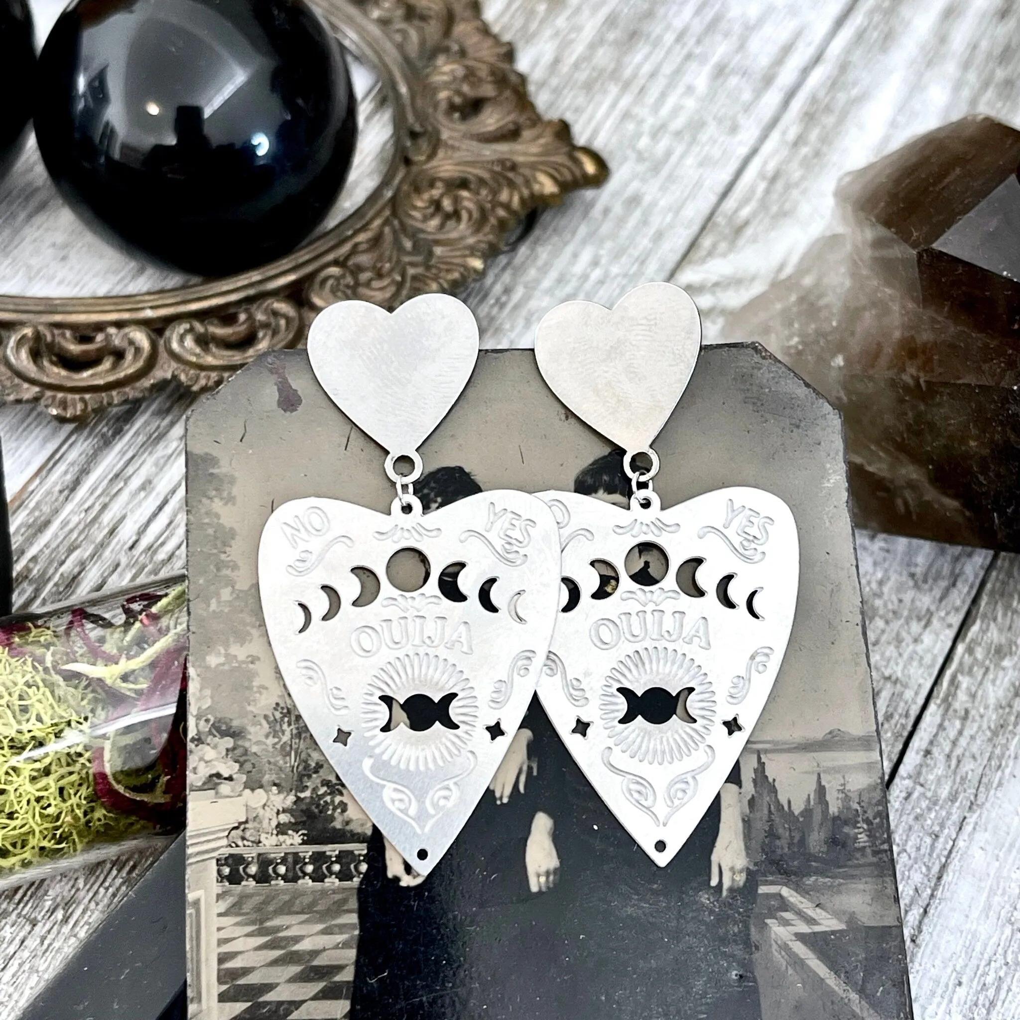 Heart Post Ouija Board Planchette  Earrings/ Sterling Silver & Stainless Steel