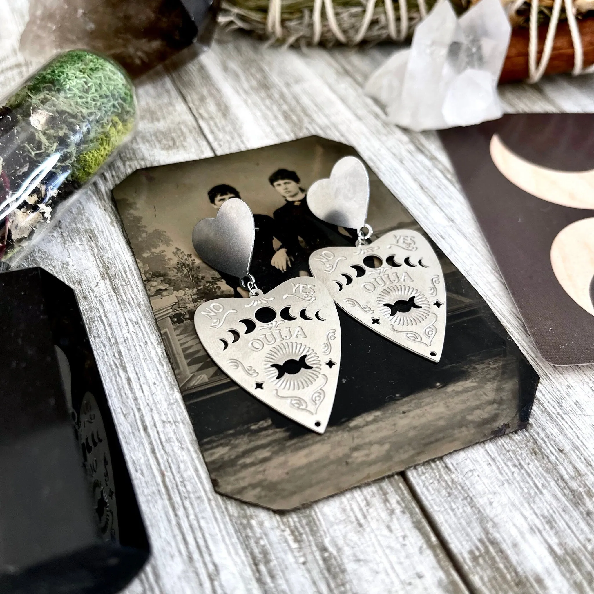 Heart Post Ouija Board Planchette  Earrings/ Sterling Silver & Stainless Steel