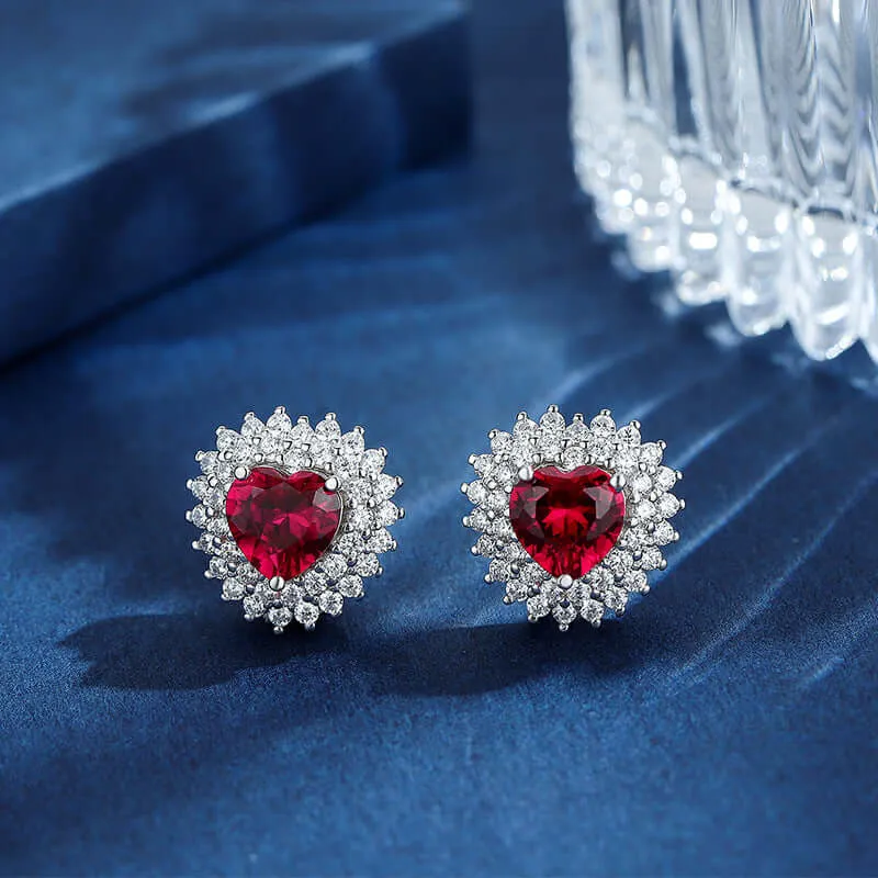 Heart Shaped Birthstone Ruby CZ diamond created with 925 sterling silver Stud earrings