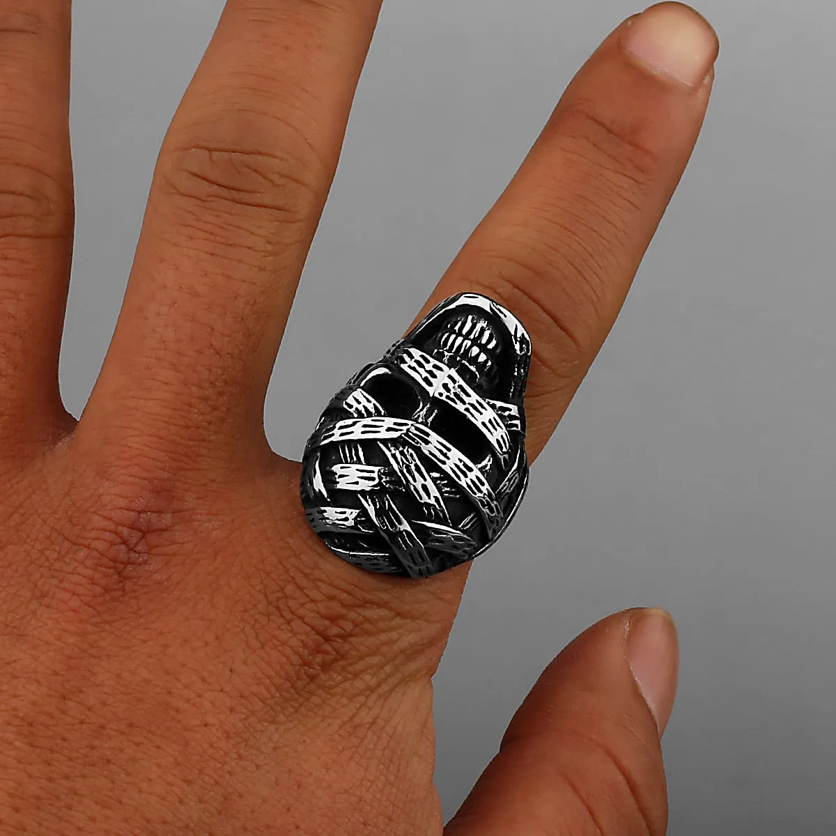 Huge Egyptian Mummy Skull Oxidized Stainless Steel Ring