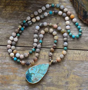 Huge Turquoise Ocean Jasper Teardrop Pendant Mix Natural Stones Necklace