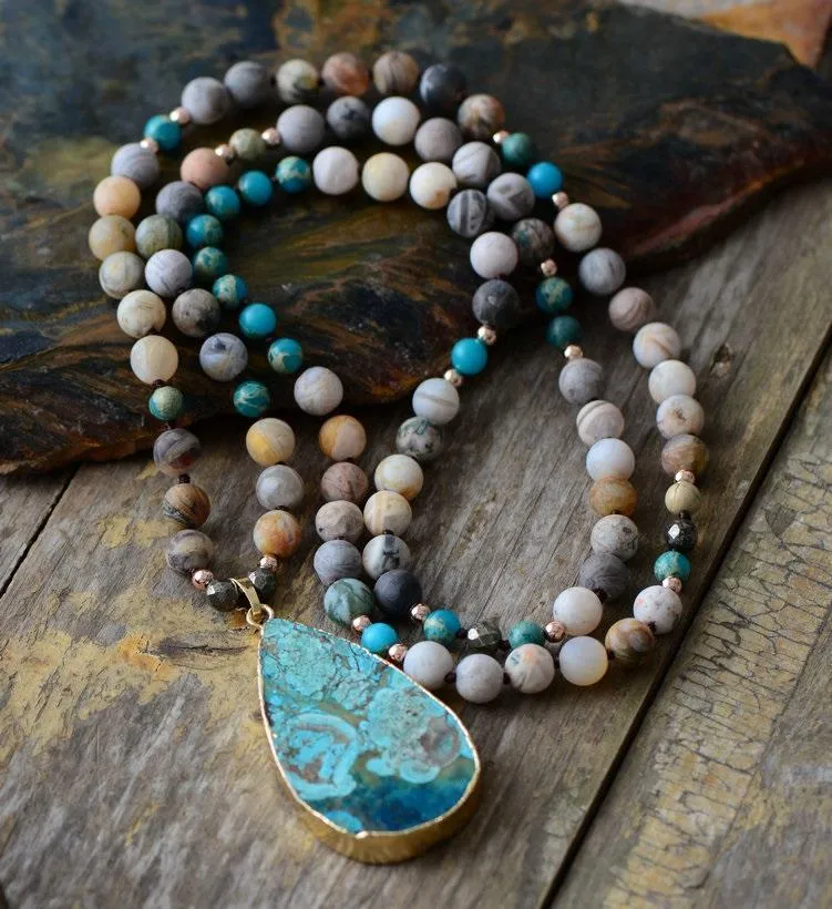 Huge Turquoise Ocean Jasper Teardrop Pendant Mix Natural Stones Necklace