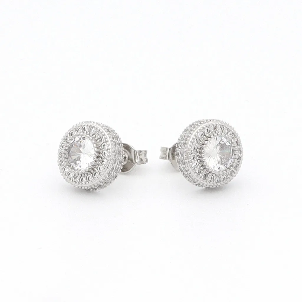 Iced Out 10mm Round Stud Earrings - Silver