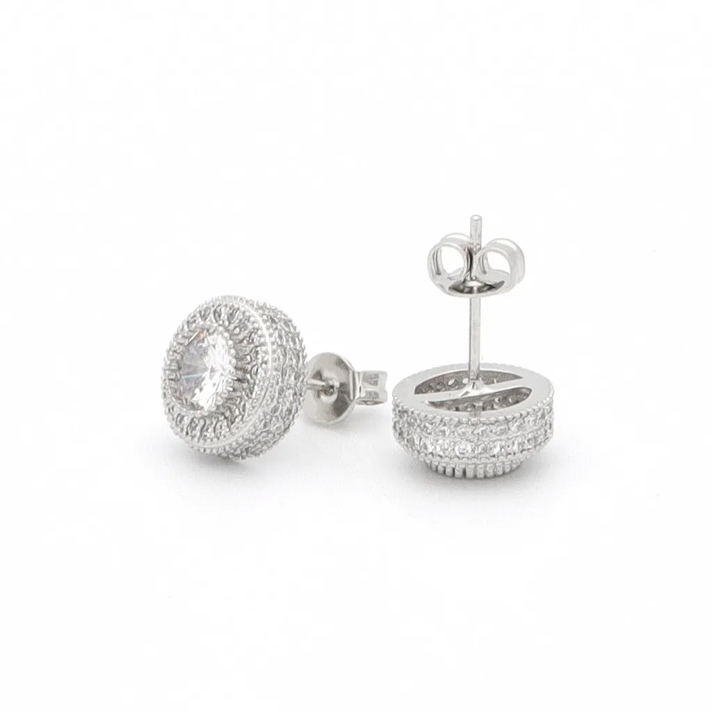 Iced Out 10mm Round Stud Earrings - Silver