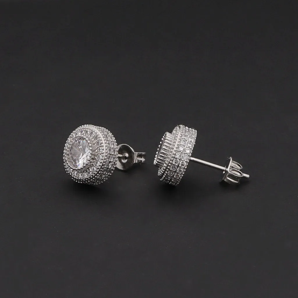 Iced Out 10mm Round Stud Earrings - Silver