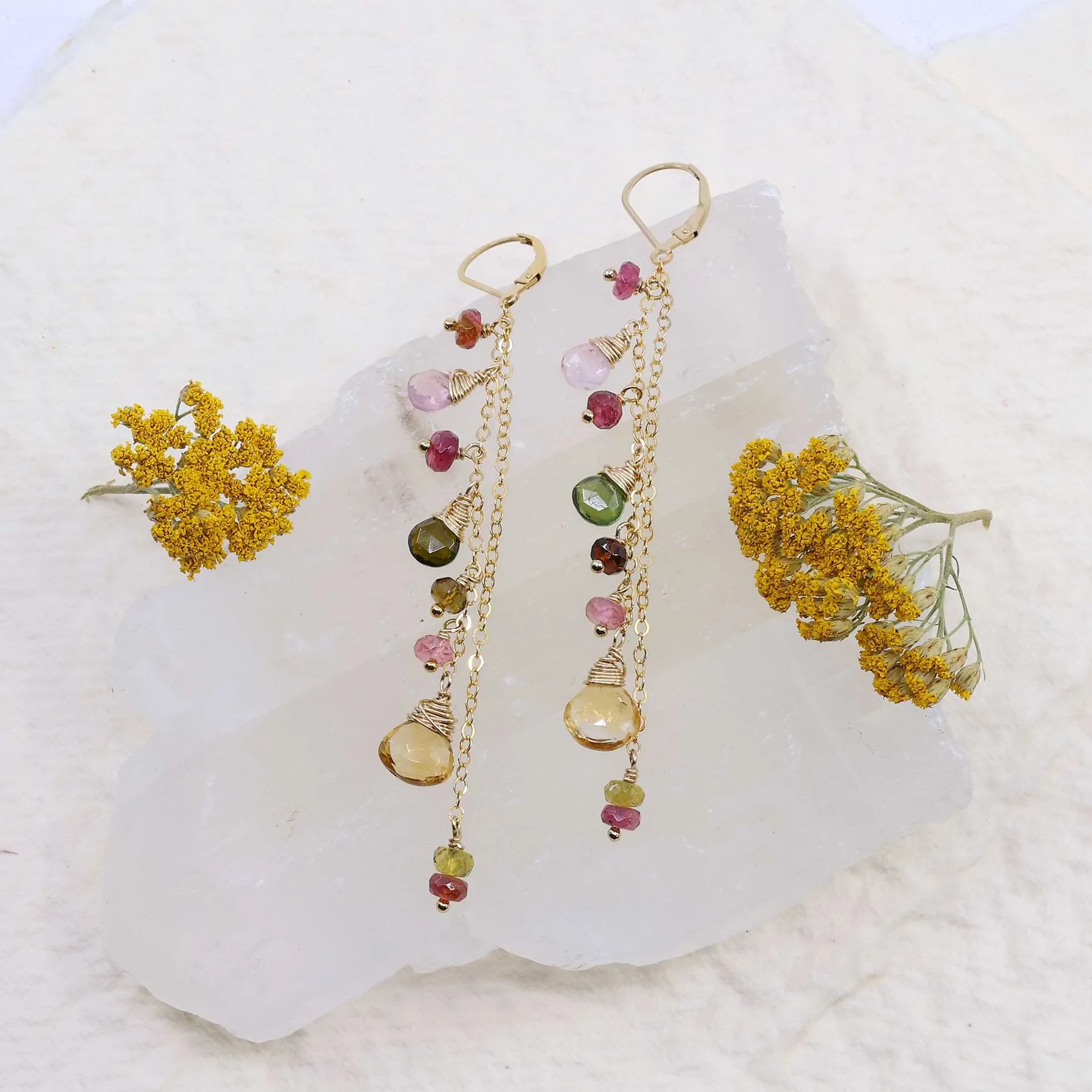 In Full Bloom - Tourmaline and Citrine Gold Cluster Drop Earrings