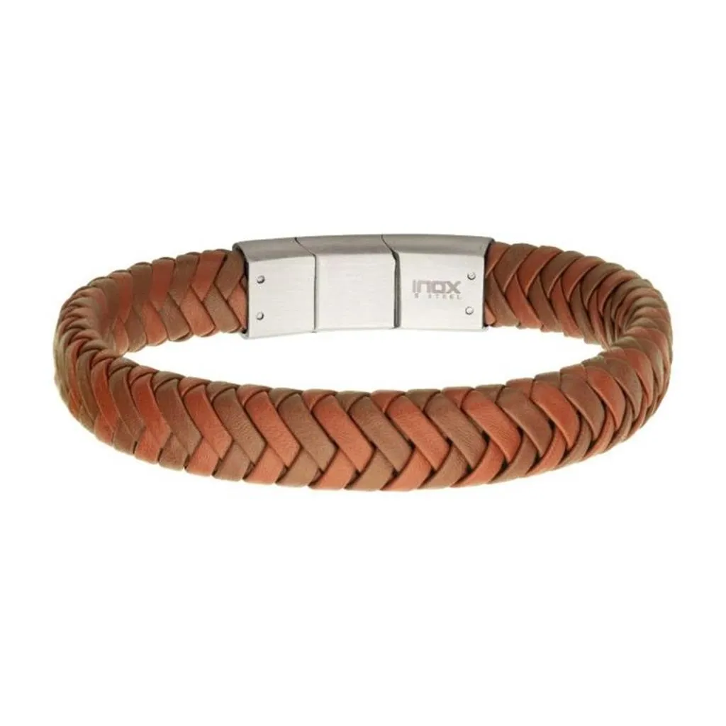 INOX Tan Braided Leather Bracelet