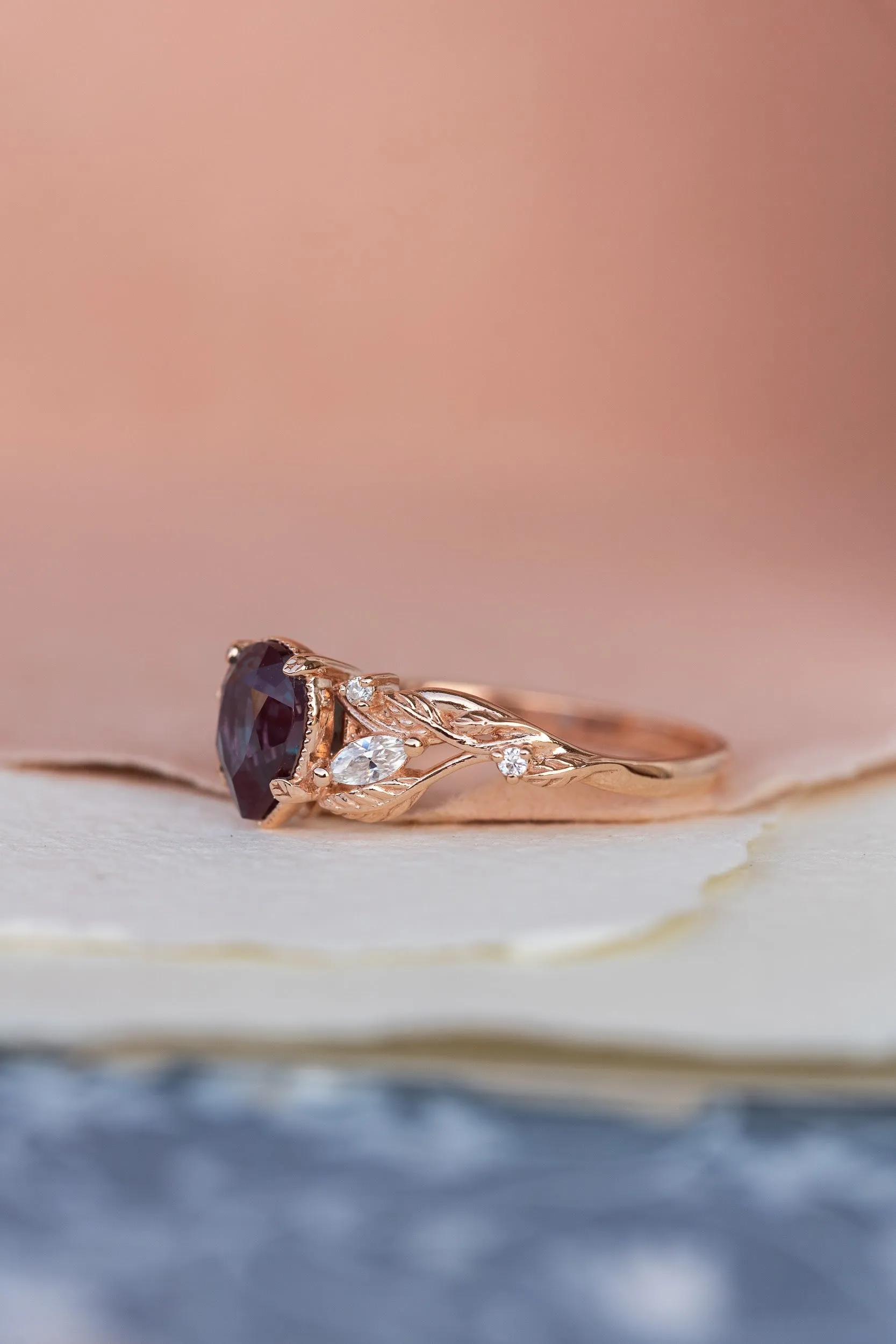 Lab alexandrite rose gold engagement ring, nature inspired proposal ring / Patricia