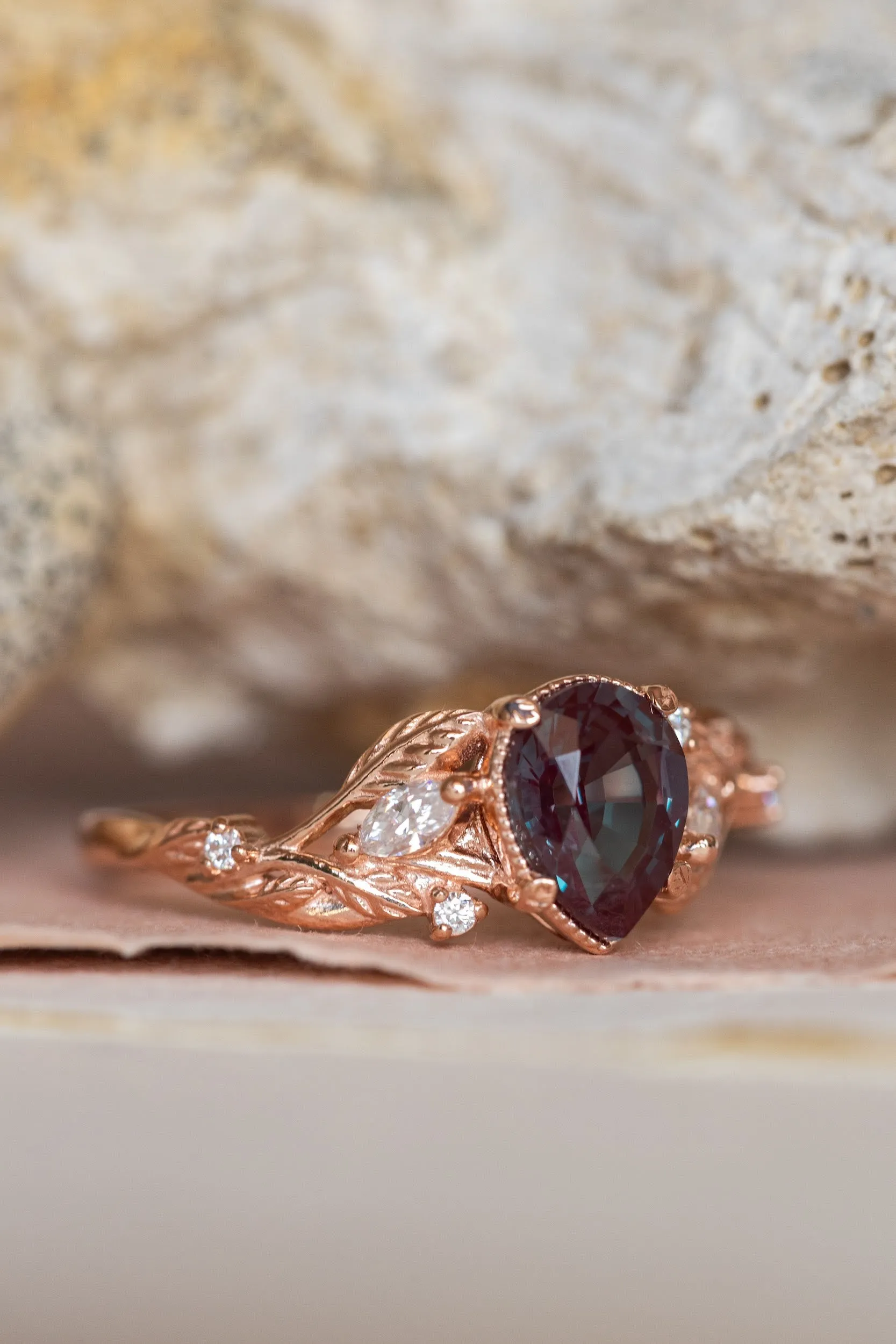 Lab alexandrite rose gold engagement ring, nature inspired proposal ring / Patricia