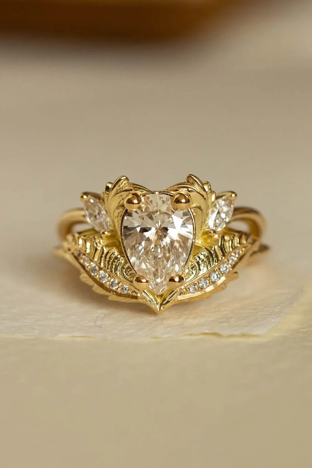 Lab grown diamond yellow gold engagement ring, pear cut gemstone gold ring / Adonis