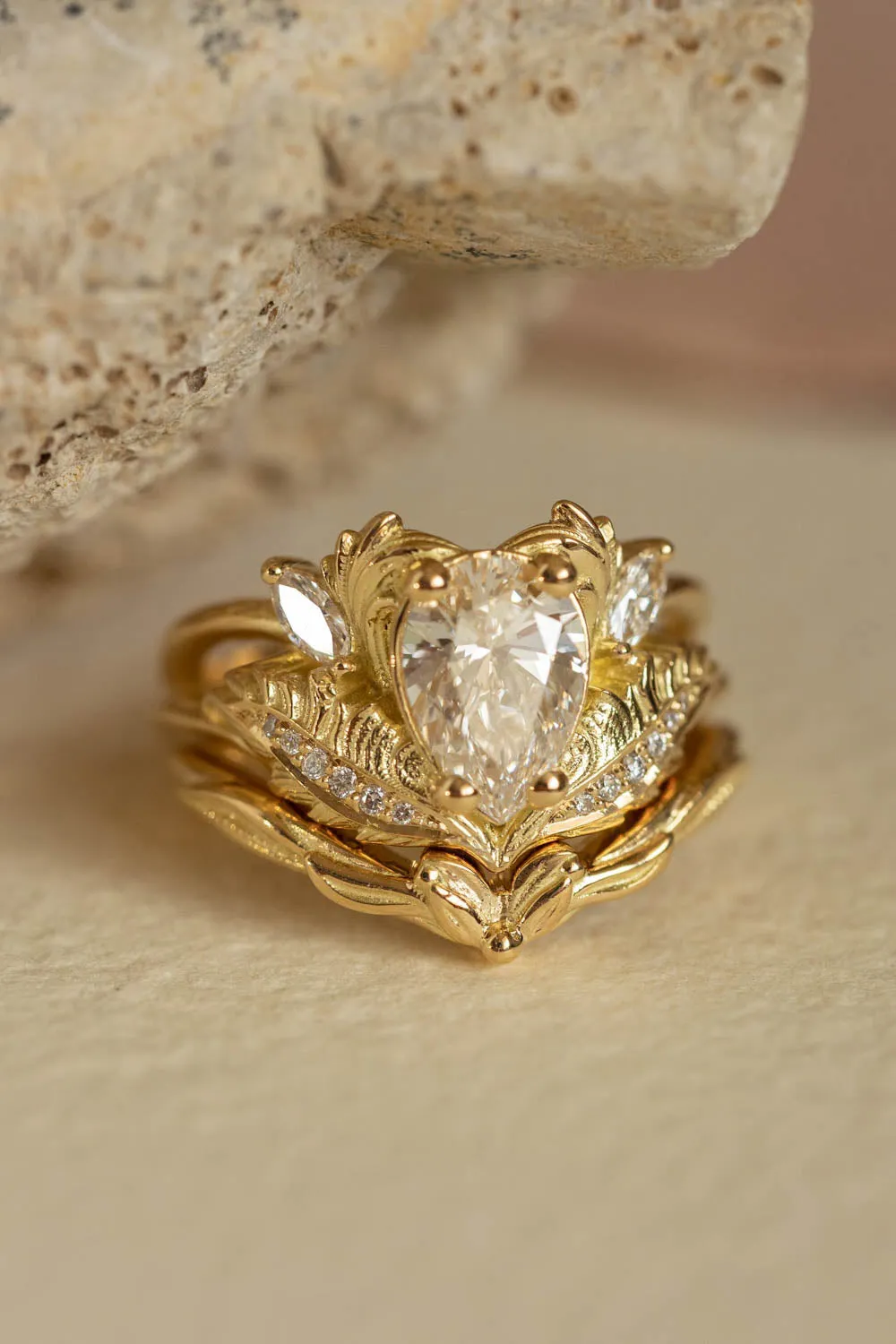 Lab grown diamond yellow gold engagement ring, pear cut gemstone gold ring / Adonis