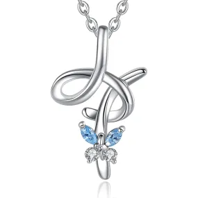 Letter H Cursive Initial Crystal Butterfly Necklace Sterling Silver