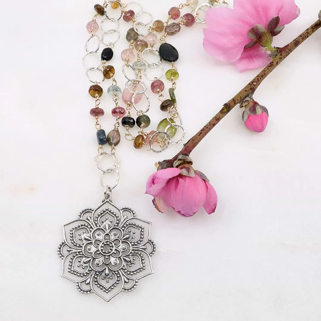 Lotus Rising - Multi Tourmaline Silver Lotus Mandala Pendant Necklace