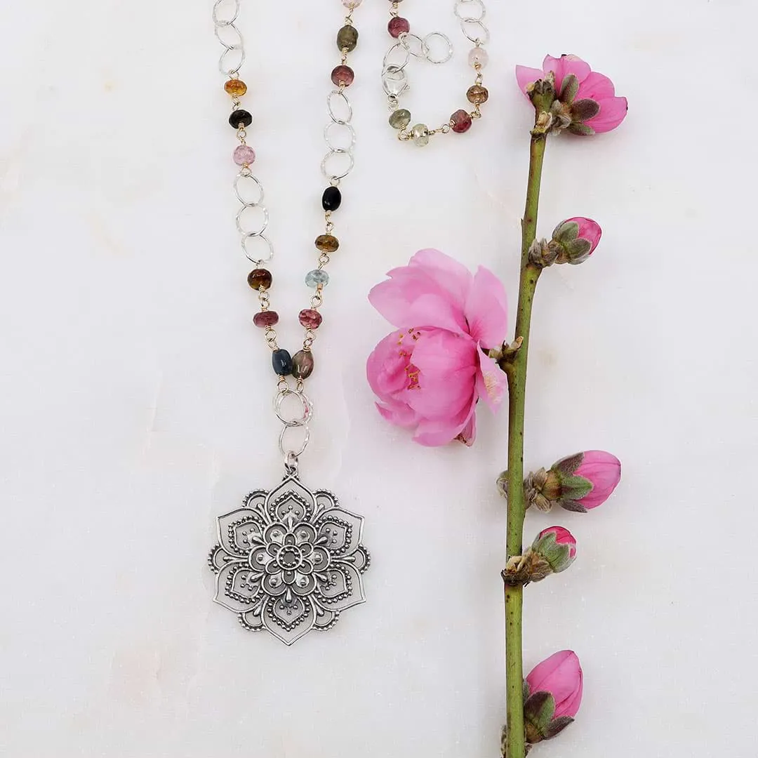 Lotus Rising - Multi Tourmaline Silver Lotus Mandala Pendant Necklace