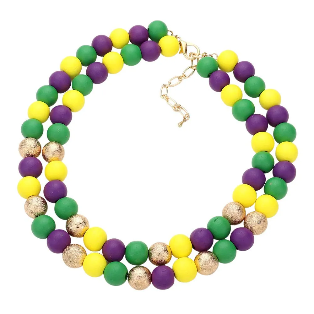 Mardi Gras Brass Metal Wood Ball Double Layered Necklace