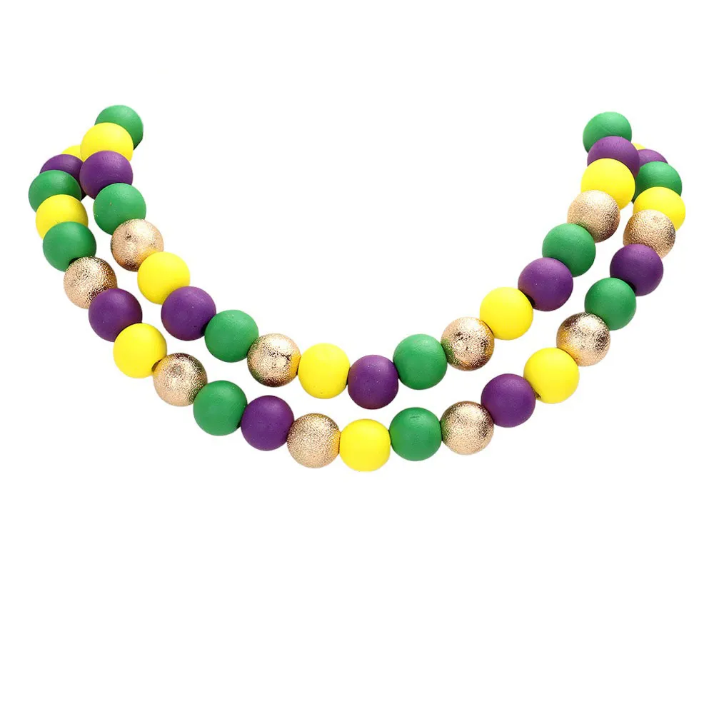 Mardi Gras Brass Metal Wood Ball Double Layered Necklace