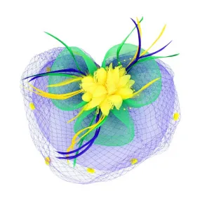 Mardi Gras Floral Mesh Netting Feather Fascinator Headband