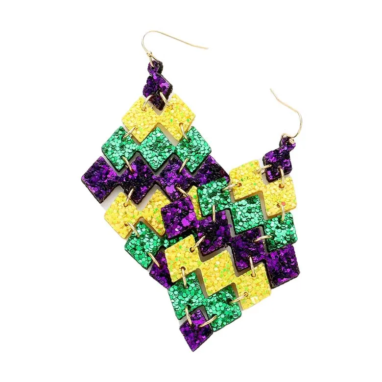 Mardi Gras Glittered Rhombus Link Dangle Earrings