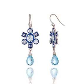 MCL Design Sterling Silver Statement Earrings with Dark Blue Glitter Enamel, White Topaz & Blue Topaz Drops