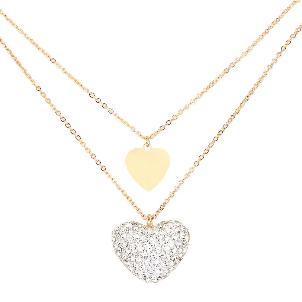 Metal Rhinestone Pave Heart Pendant Double Layered Necklace