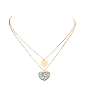 Metal Rhinestone Pave Heart Pendant Double Layered Necklace