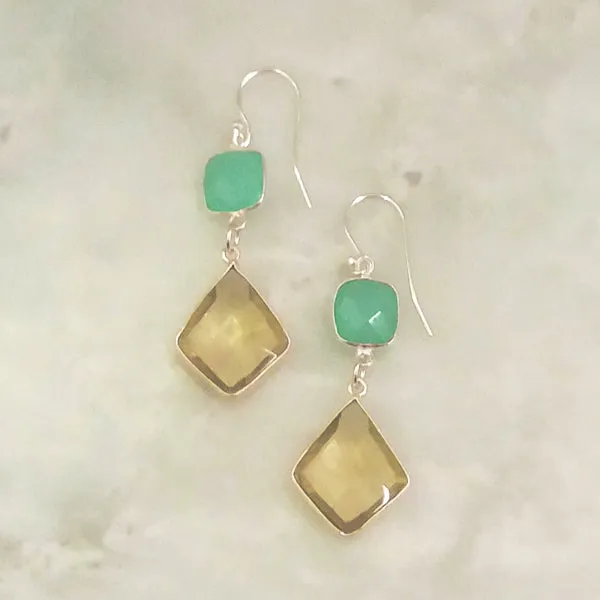 Mint Green Chalcedony and Lemon Quartz Double Drop Earrings