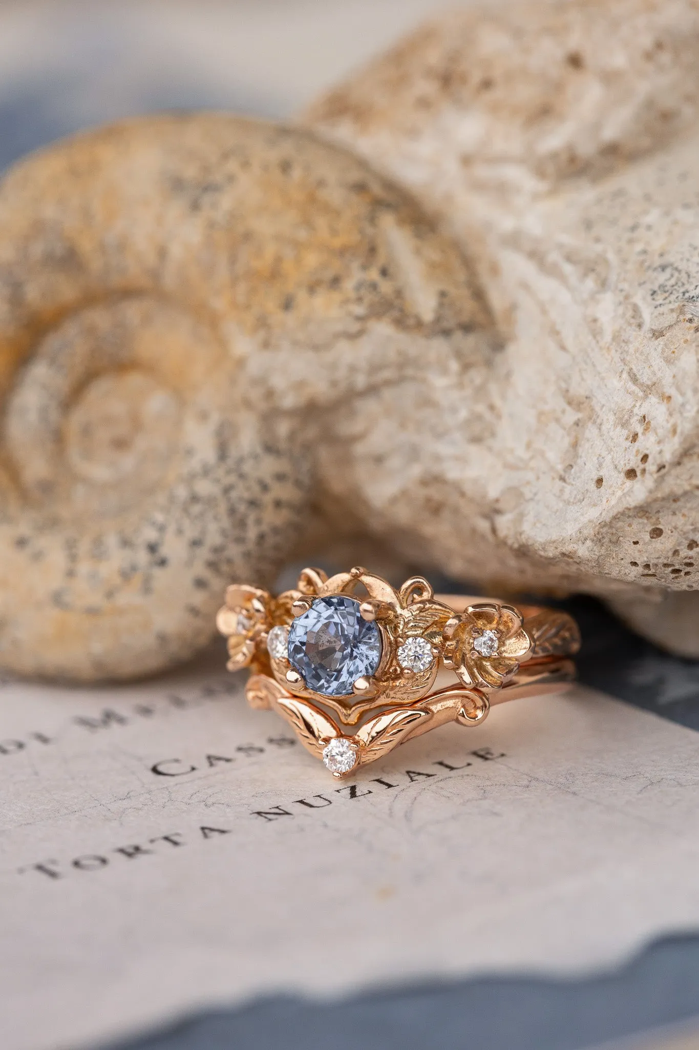 Natural sapphire and diamonds engagement ring, gold flower proposal ring / Adelina