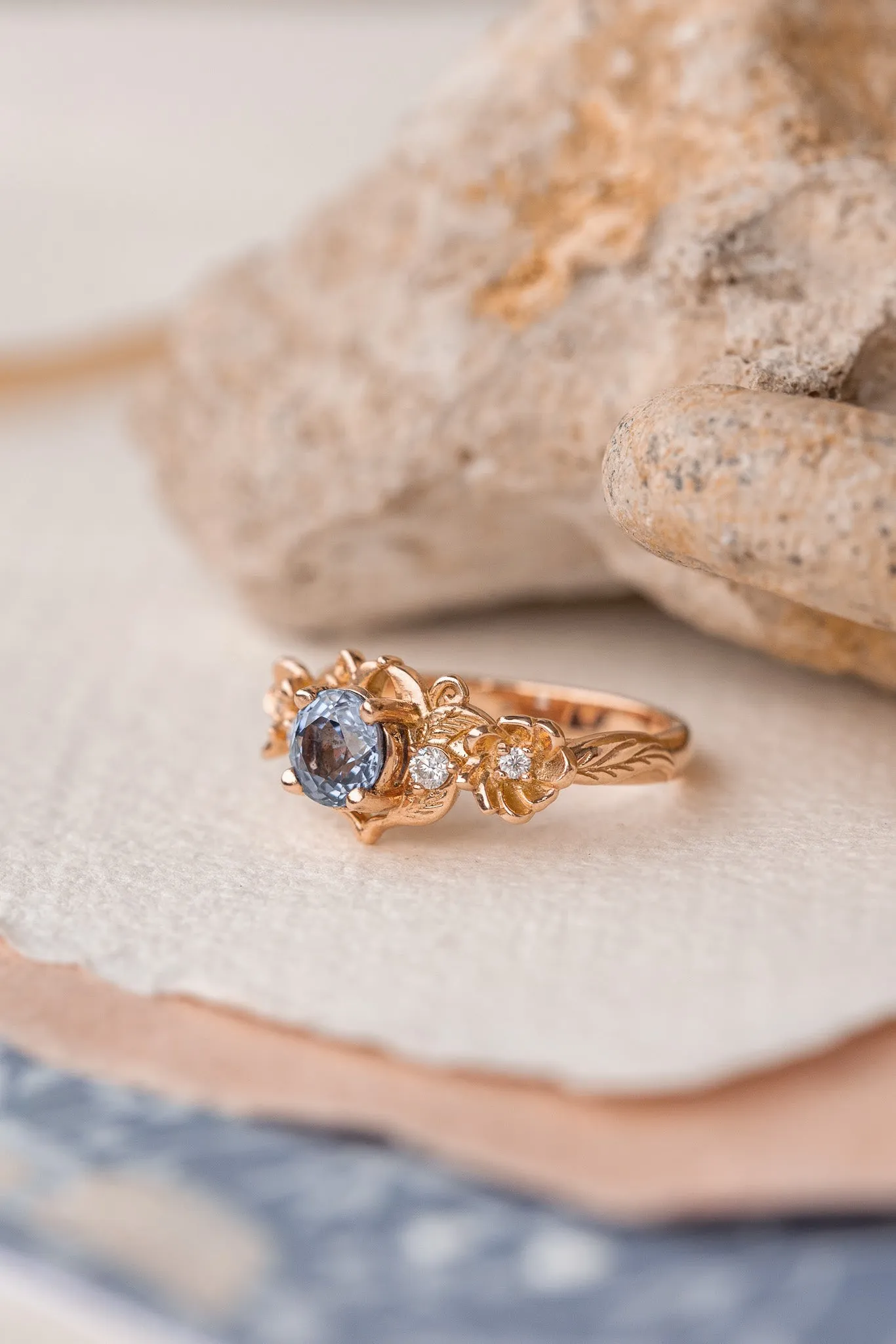 Natural sapphire and diamonds engagement ring, gold flower proposal ring / Adelina